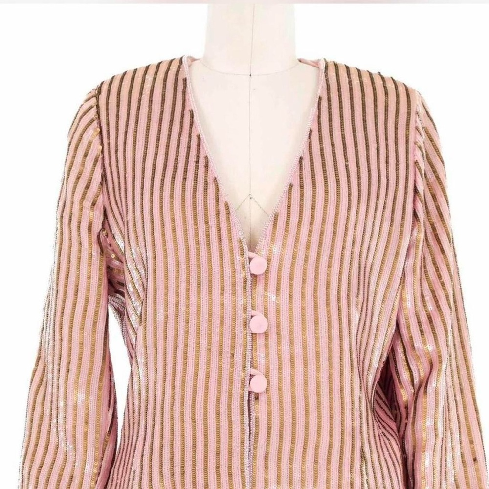 Vintage Escada Pink and Gold Sequin Striped Longline Blazer Statement Jacket - Picture 3 of 9